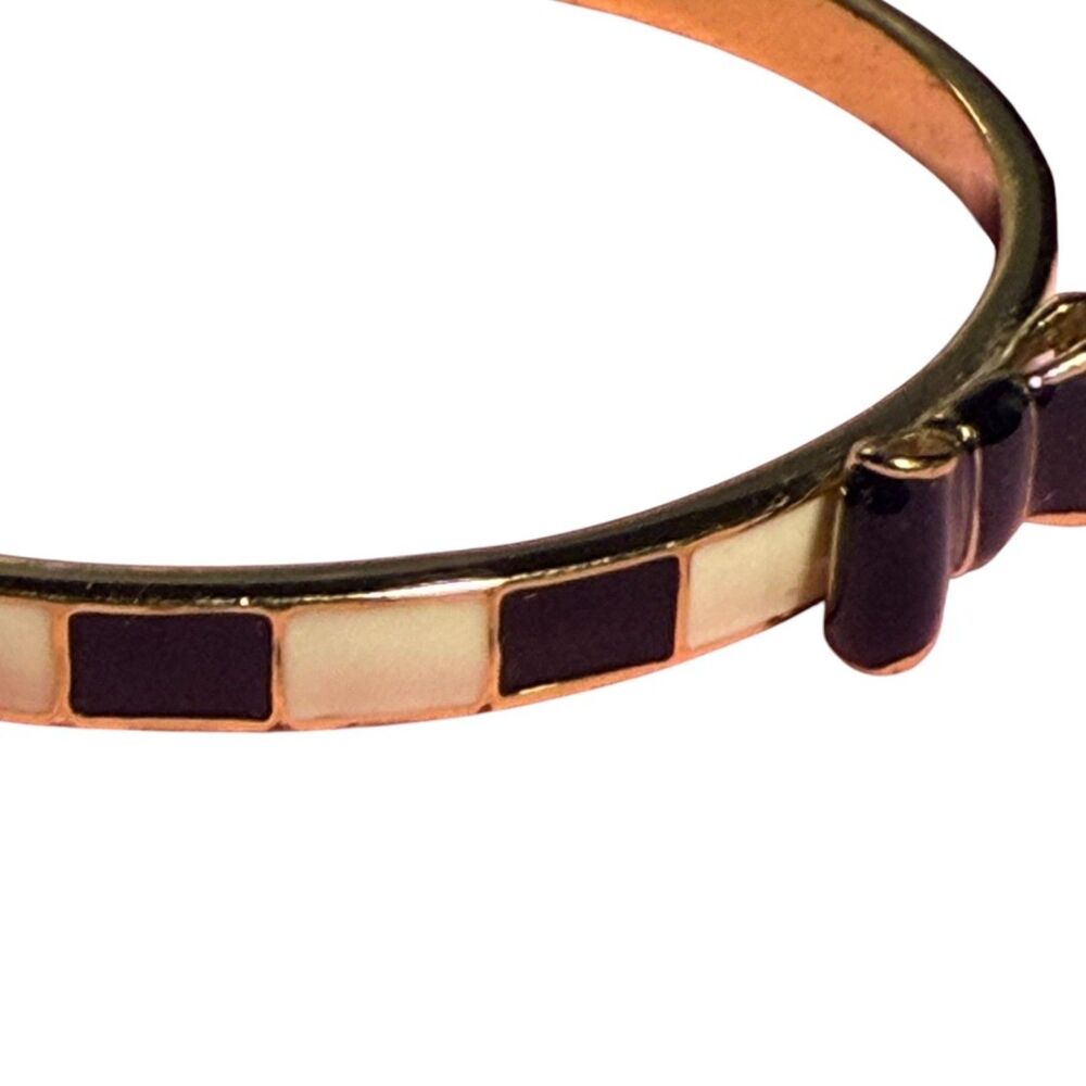 Kate Spade Take A Bow Black And Cream Stripe Enamel Bangle Bracelet - Gold Tone - Picture 5 of 6